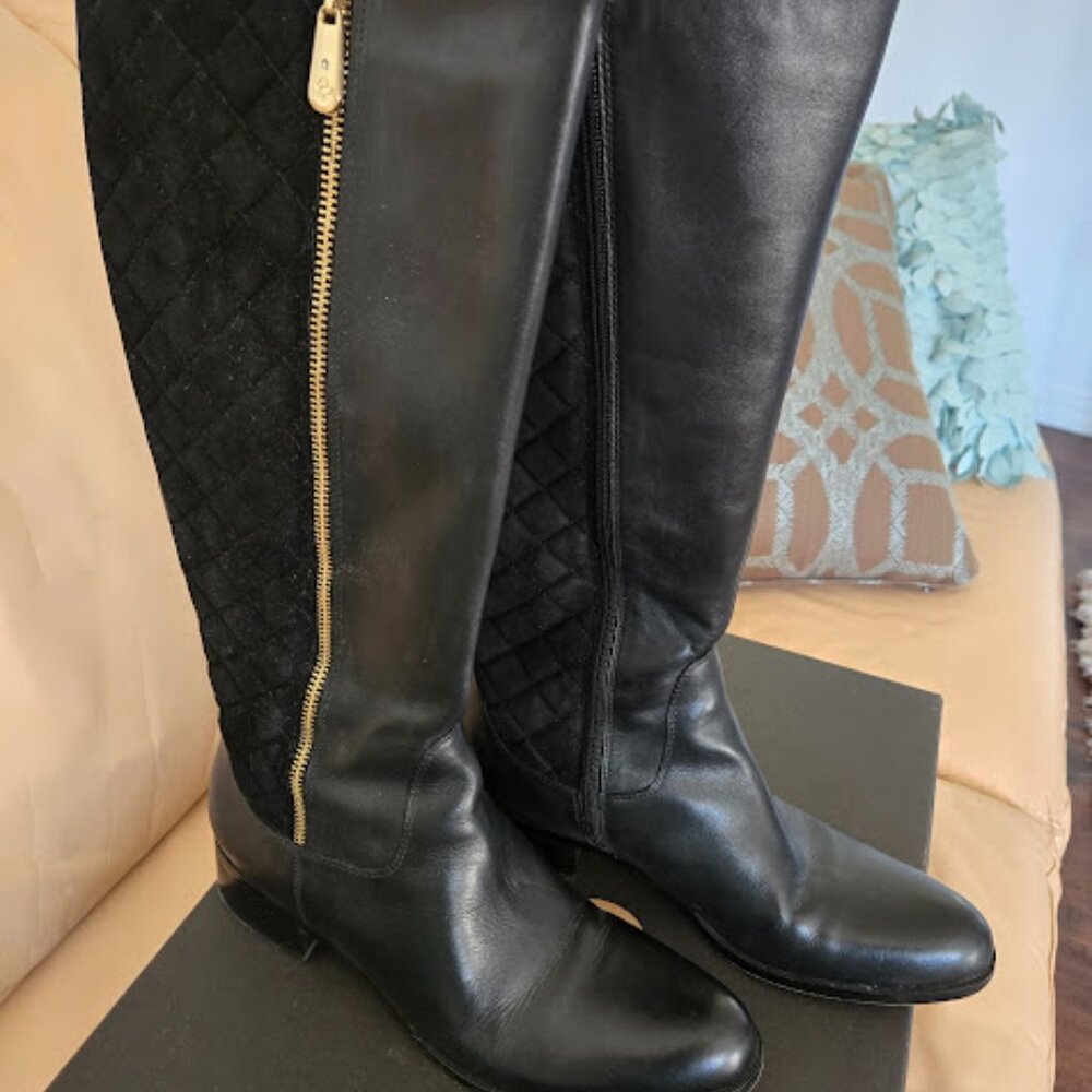 Corso Como Black Knee High Leather and Quilted Suede Black Boots Size 8